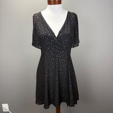 Madewell NWT Black Cape Sleeve V-neck Faux wrap Metallic Gold Dot Dress Sz 6