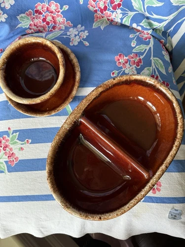 Vintage HULL  BROWN DRIP GLAZE DIVIDED SERVING BOWL DISH OVEN PROOF USA