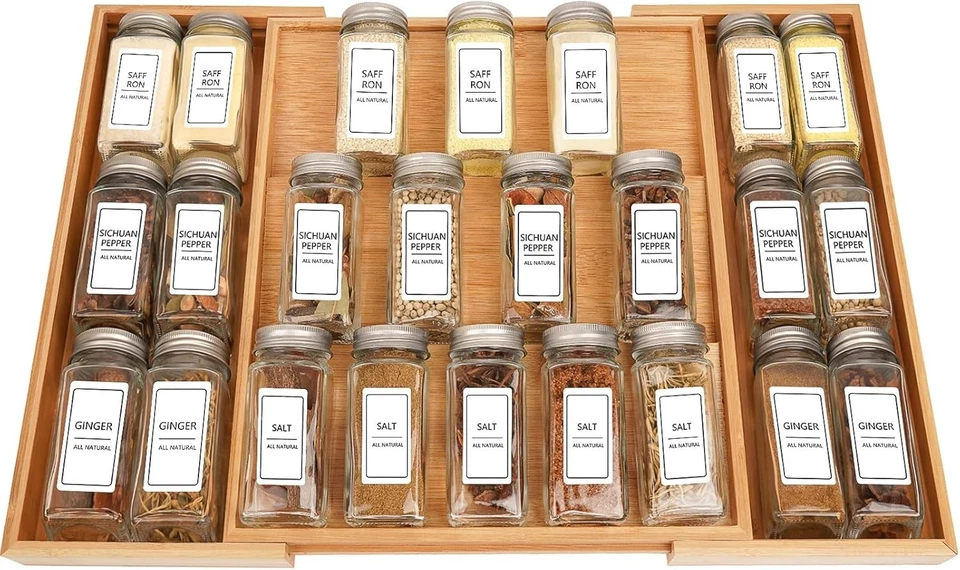 Organizador de cajones de especias de bambú expandible - Estante ajustable de 3 niveles para 30 frascos Foto 2 de 4