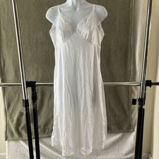 White Lace Trim Camisole Slip Dress Womens 38 L Chemise Lingerie Nylon Satin