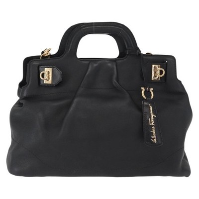 バッグ Ferragamo Gancini leather handbag Salvatore Ferragamo Gancini Tote Bag Leather 2way Black Gold Auth