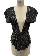 Vintage 70s Francine Browner Black Gold Silver Disco Top Deep V Pleated Peplum M