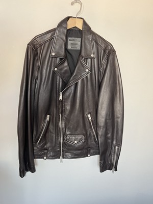AllSaints Men's Leather Biker Jacket (Milo) Size XXL/2XL in Dark Maroon/Oxblood