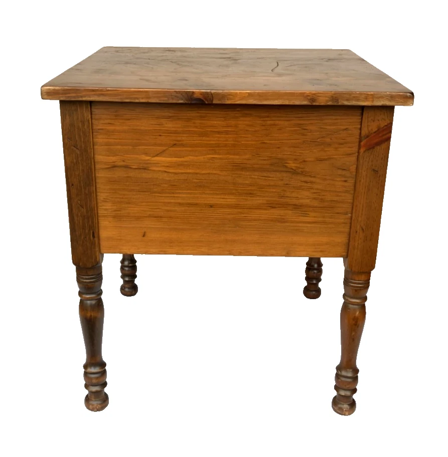 Antigua mesa auxiliar cuadrada de madera maciza del siglo XIX con mesita de noche de 2 cajones Foto 4 de 4