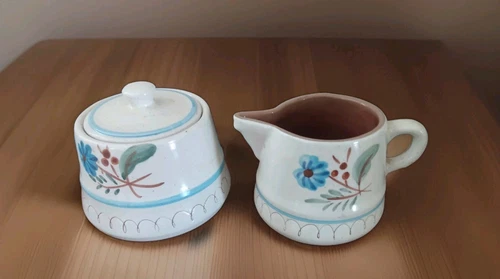 STANGL Pottery Mid Century BLUE DAISY Lidded Sugar Bowl & Creamer Dinnerware