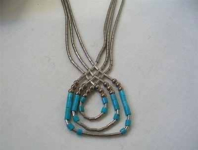 VINTAGE NATIVE AMERICAN~ WOVEN LIQUID STERLING SILVER~TURQUOISE BEAD NECKLACE
