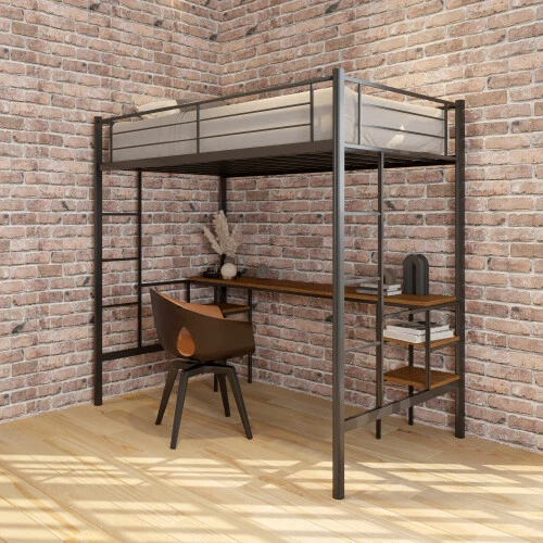 Twin Size Loft bed with Desk & Shelf Metal Bed Frame For Kids Teen Bedroom,Black - Image 2 of 4
