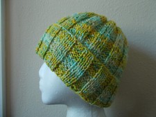 Hand knitted elegant and warm wool blend beanie/hat, green and yellow striped