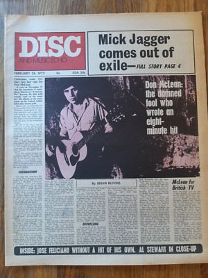 Disc Music Newspaper February 26th 1972 Don McLean Cover 