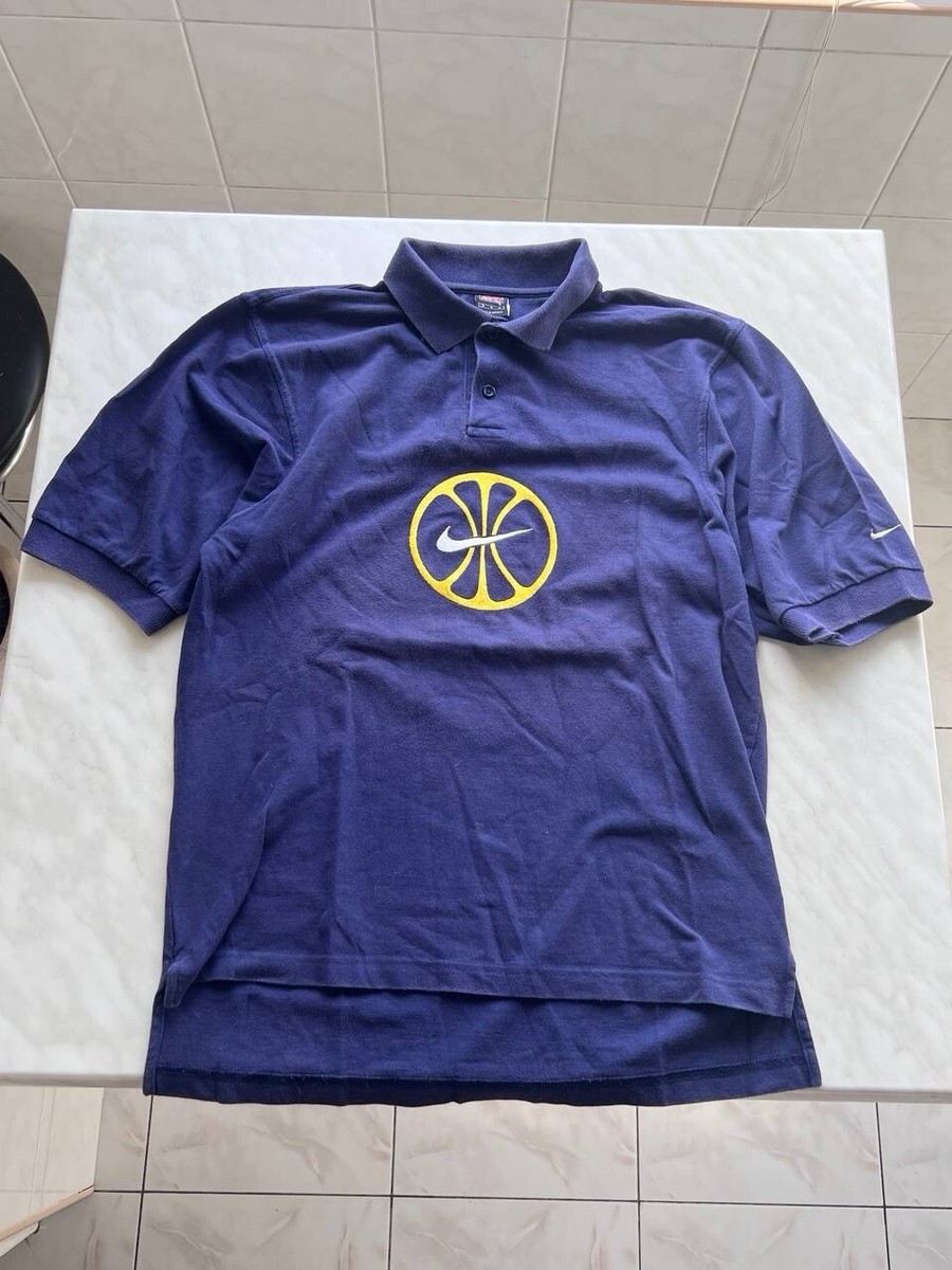 Vintage Nike 90s Blue Polo Shirt Mens S Yellow Logo Big Swoosh Y2K