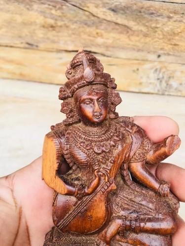 Ancient Wood Fine Hand Carving Lord Sarswati Figure Rare Sculpture - 第 6/8 張圖片
