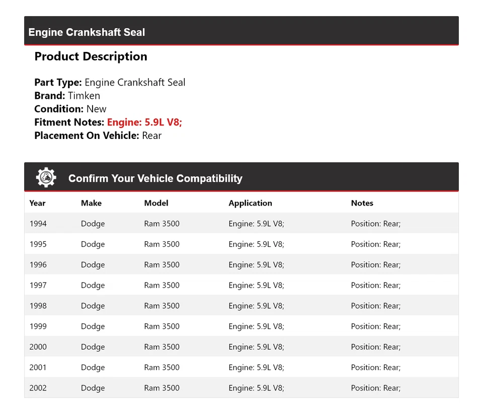 Para Dodge Ram 3500 1994-2002 5,9 L motor V8 cigüeñal sello trasero Timken 1995 Foto 2 de 4