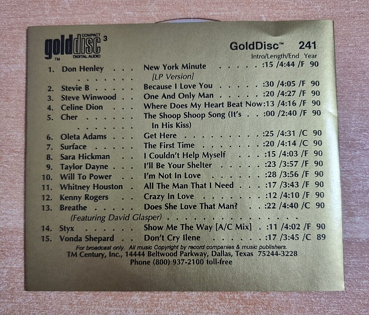TM CENTURY GOLD DISC 241 CELINE DION WHITNEY HOUSTON CHER