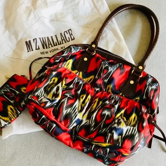 MZ Wallace Jane Nylon Red Peacock Print Handbag