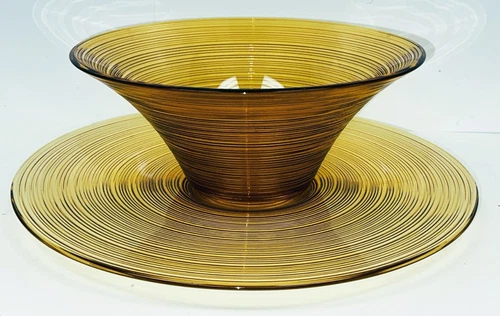 HTF Imperial Glass Reeded Spun Amber Yellow Large Serving Bowl w/ Underplate