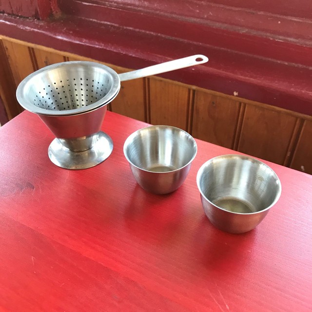 2.5" Small Cup Cone Strainer w Two Thimble Cups and Holder Sweden Stainless 18/8 eBay