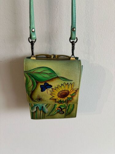 Anuschka Women Floral Butterfly Design Crossbody Hand Bag Yellow Green Size OS