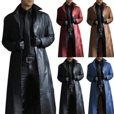 Men Leather Trench PU Long Coat Single Breasted Lapel Slim Windbreaker Jacket о