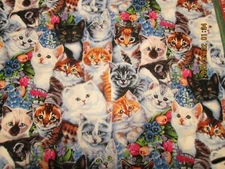 MULTI KITTENS WITH FLOWERS 100% COTTON NEW ADORABLE 1 YARD by DAVIDS FABRICS