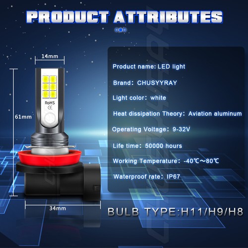 6X 9005 H11 H11 Combo LED Headlight High Low Beam Fog Light Bulbs Kit 360W 6000K - Picture 12 of 12