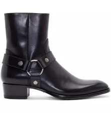 Men black Handmade Custom Biker leather Boots, Ankle Boots, mens high heel Boots