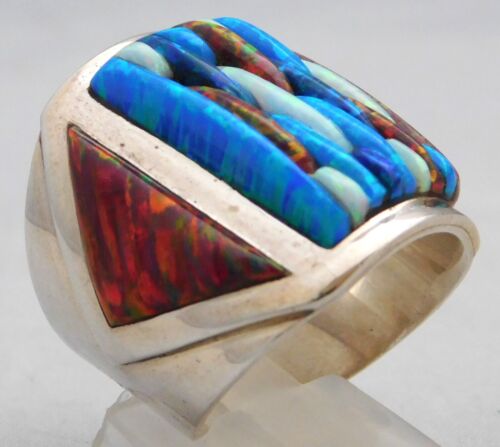 Opal Brilliant Quad-Hued Fire Flashing Solid Sterling Silver Huge Mens Ring 10 - Picture 3 of 8