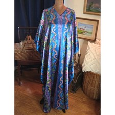 Winlar Blue Floral Satin Kaftan Maxi Dress V-Neck Lounger One Size Fits Most