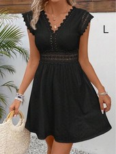 Shein Women's L Black Lace Cap Sleeve Short Dress V-Neck A-Line Casual
