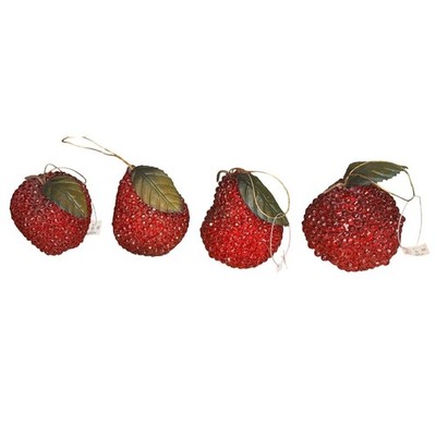 Vintage Ornaments Beaded Sugar Frosted Fruit Red Pear Apple Pomegranate Lot Of 4