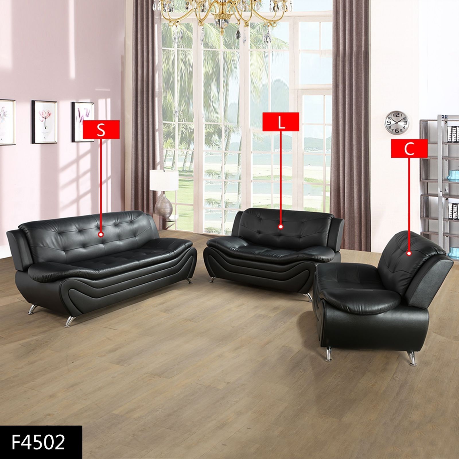 Black Faux leather 3-Piece Couch Living Room Sofa Set