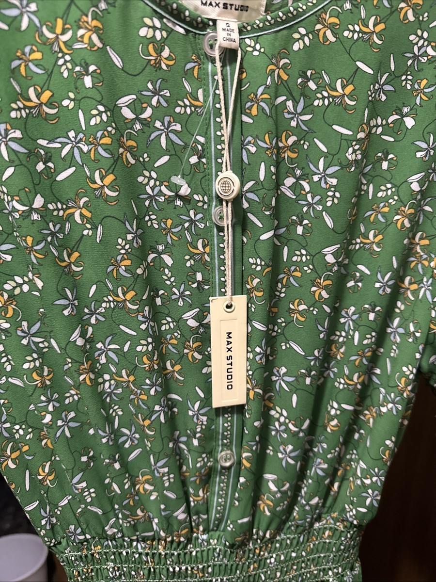 NWT Max Studio Women 3/4 Sleeve Collar Button Tiered Maxi Dress Size S Green  Geo | eBay