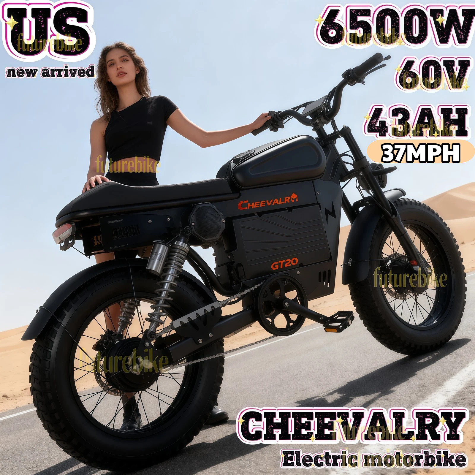 Electric Dirt Bike 20" Fat E-Bike 6000W 60V 43Ah All Terrain E-Motorcycle 37 MPH