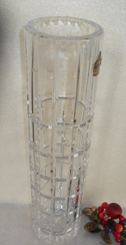 VTG Bohemian Hand Cut Floral Etch Lead Crystal Tall 12" Glass Vase Czech Signed - Afbeelding 7 van 17