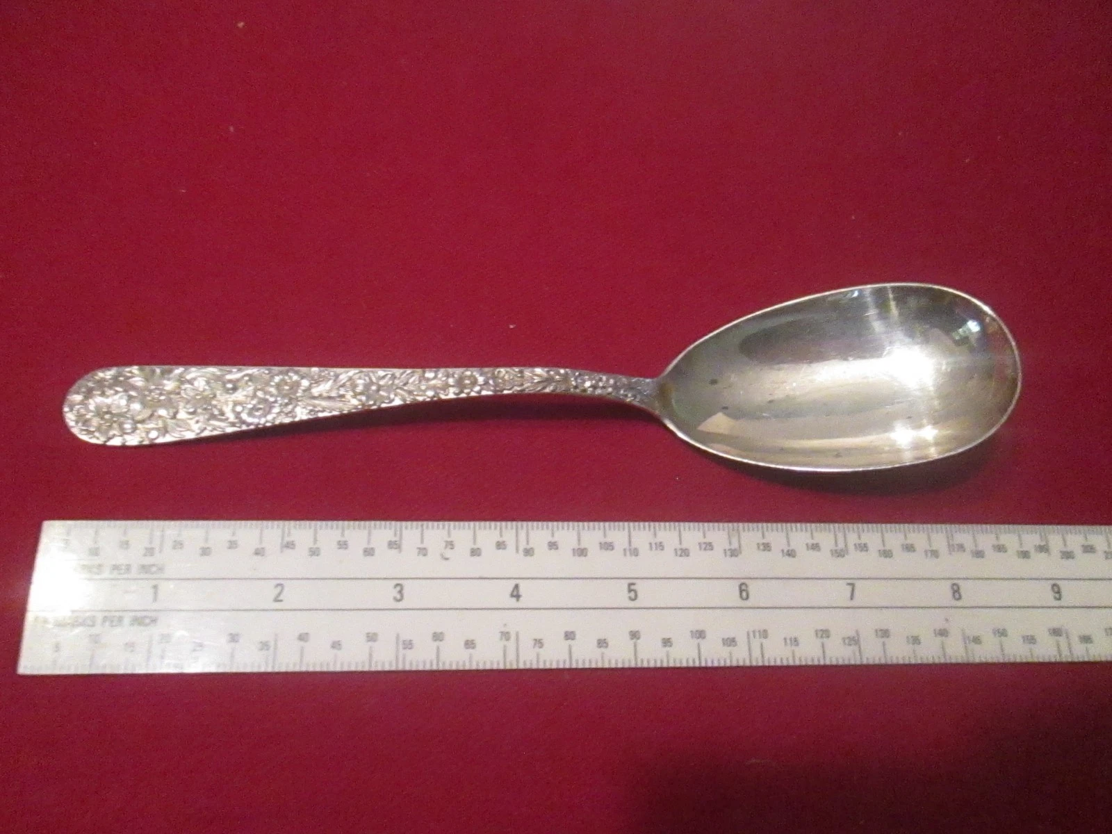 Silver S Kirk & Son Repousse Sterling Silver Serving Spoon Oval Shaped 8 3/8"