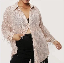NWT Nasty Gal Blush holiday SEQUIN BUTTON NYE LONG SLEEVE  TASSLE SHIRT  Sz 12