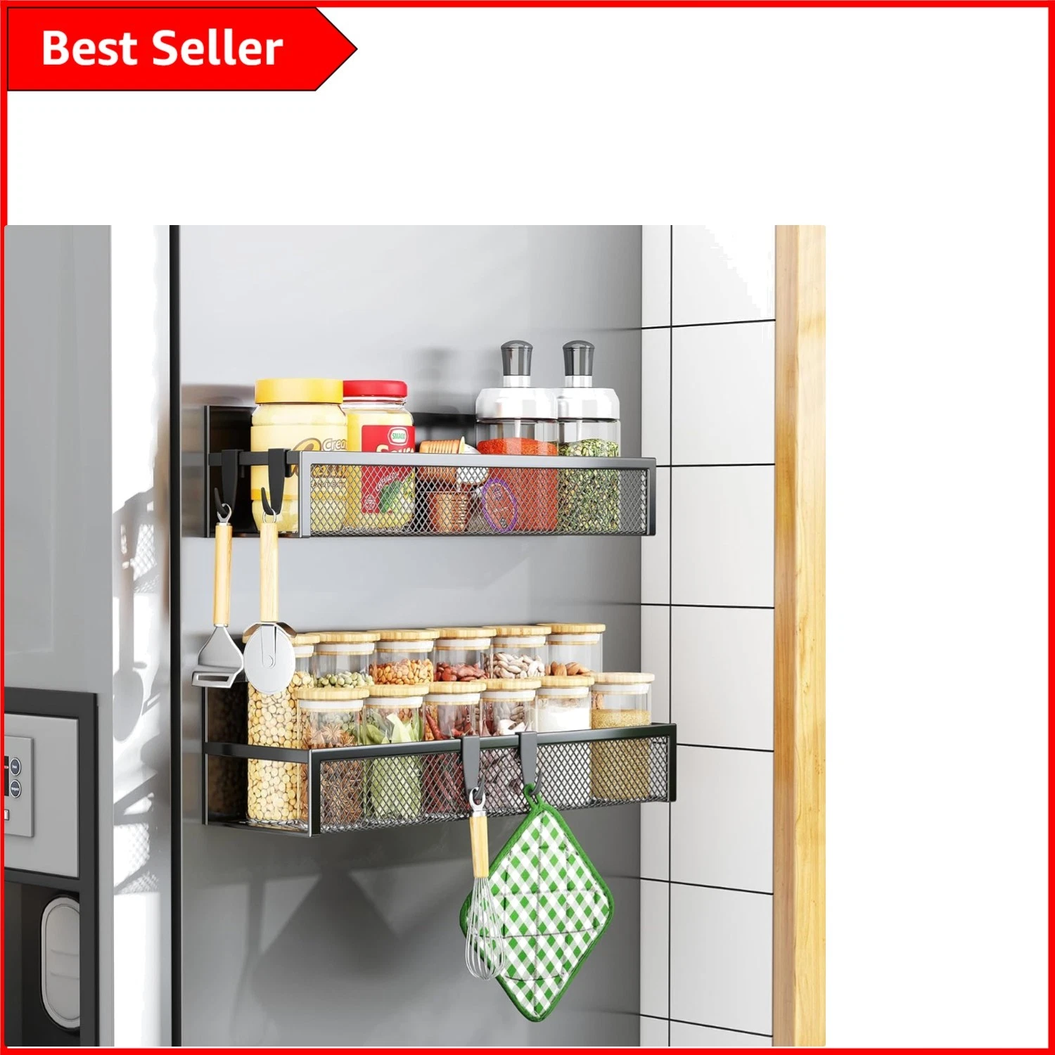 Space-Saving Magnetic Spice Rack Set - 2 Shelves & 4 Hooks for Kitchen Clarity