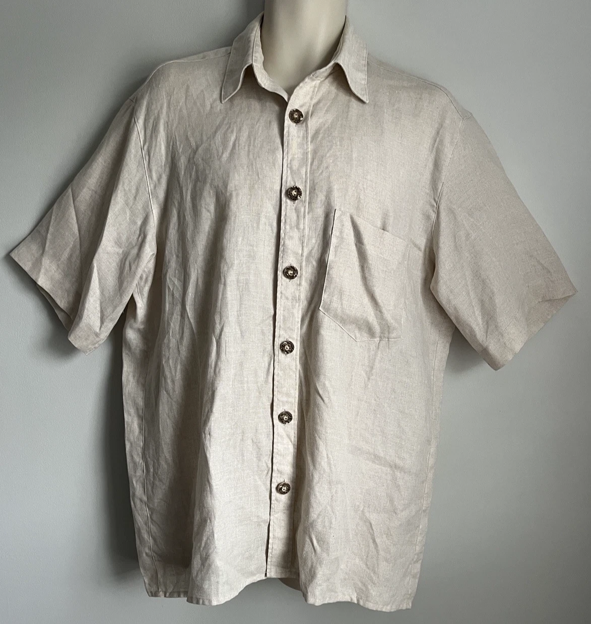 Vtg. Linobel Alpenland Bugelfrei Men’s Beige 100% Linen S/S Button Up Shirt 41