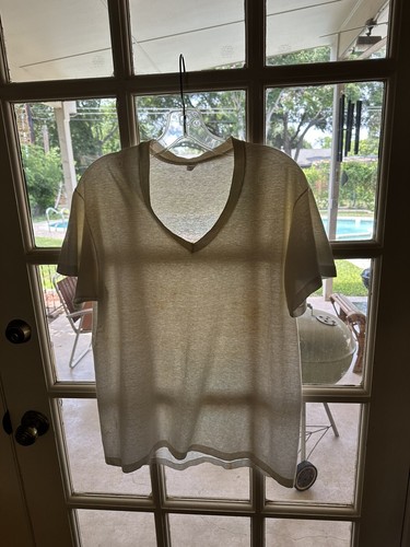 80s HANES V-Neck Cotton Blend Blank White T Shirt M / L Distressed Burnout Vtg - Picture 5 of 21