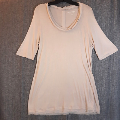 Soft Surroundings Top M Beige Short Sleeve Twist Neck Frayed Hem Contrast Fabric