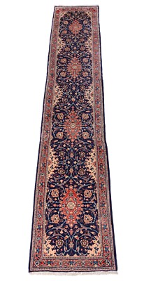 Orientteppich Läufer Sarough 447x80 cm Handgeknüpft Wolle Unikat blau extra lang