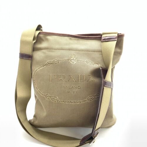 PRADA Shoulder Bag Crossbody Logo Magnet Beige Brown Canvas Leather Unisex - 第 1/9 張圖片