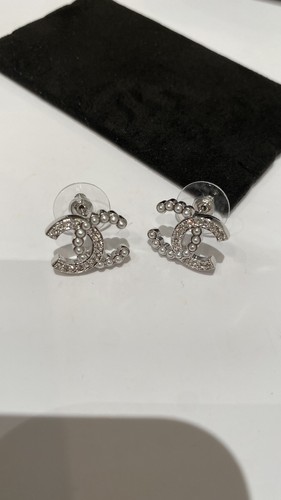 CHANEL Silver Hardware Half Pearl Half Crystal Inlaid CCS Earrings 24C - Picture 5 of 9