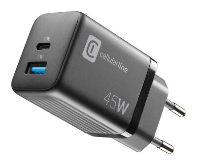 Cellularline Charger Multipower Micro 45W GaN 2 Ports schw. Netzteil Adapter NEU