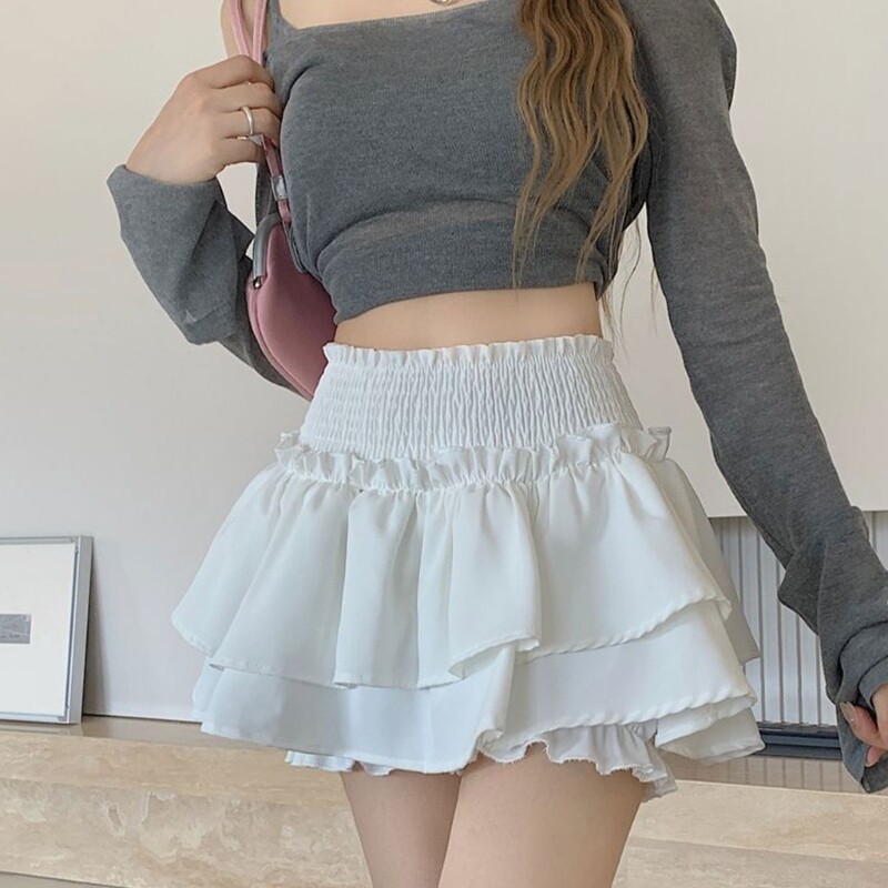 Womens Shirred High Waist A Line Pleated Short Cake Skirt Layered