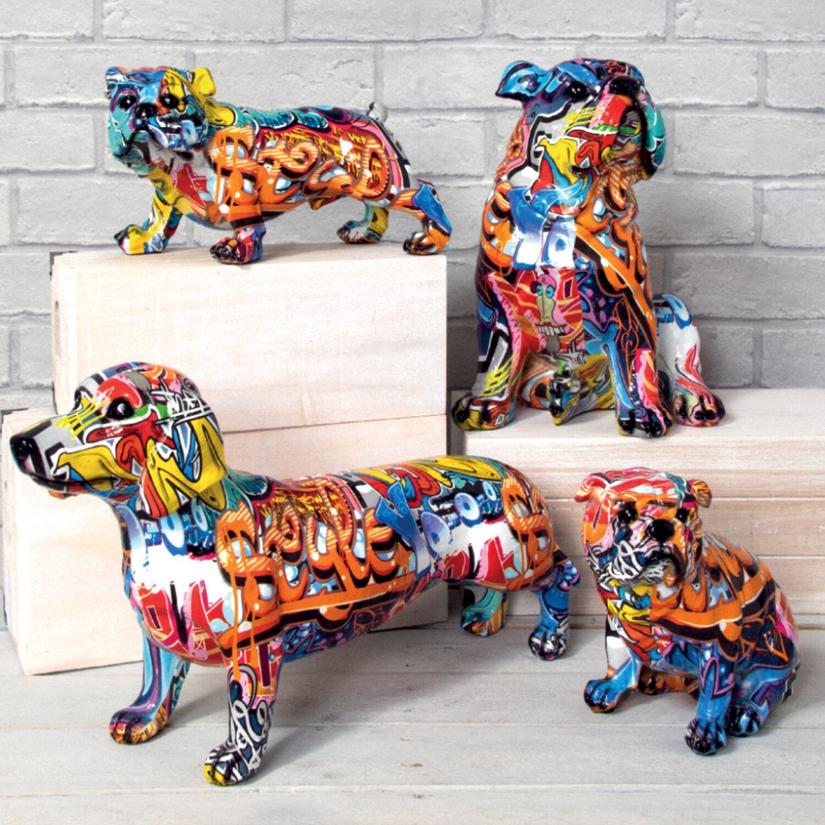 Graffiti Art Resin Figurine Dog Scupture Ornament Bulldog