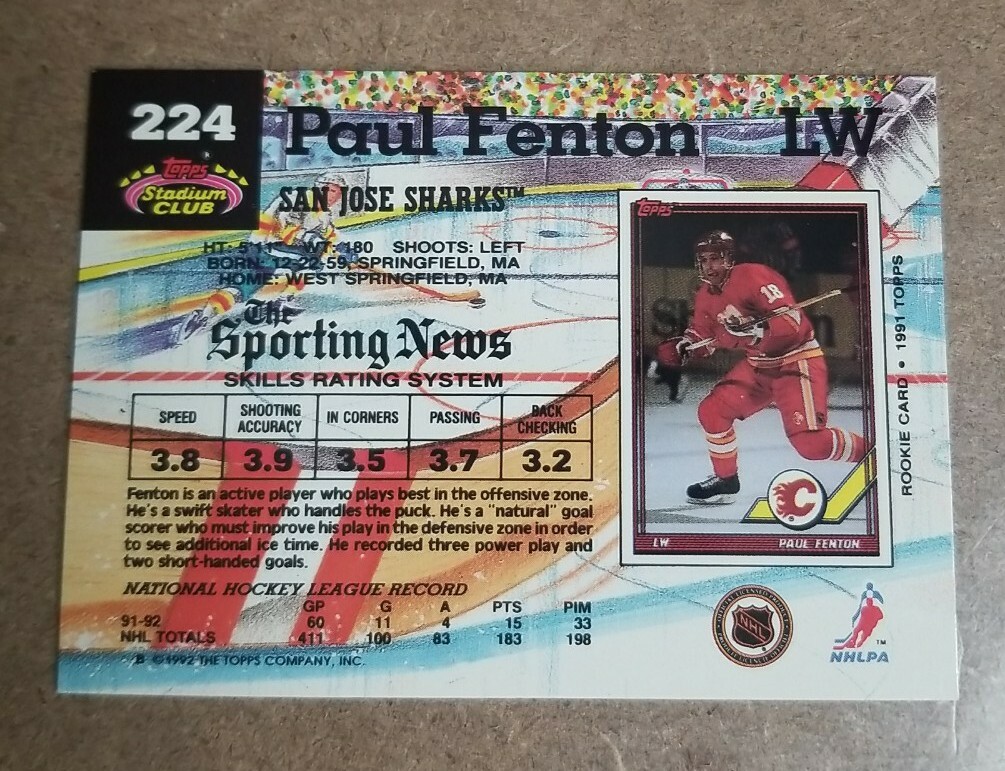 1992-93 Stadium Club - San Jose Sharks - Hockey Card #224 Paul