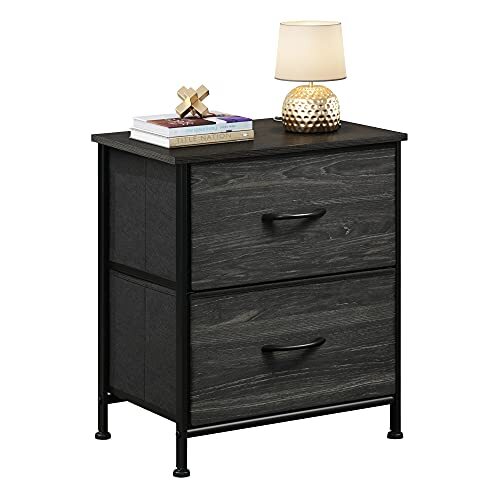 Grey Oak Nightstand with 2 Fabric Drawers, Bedside End Table-image