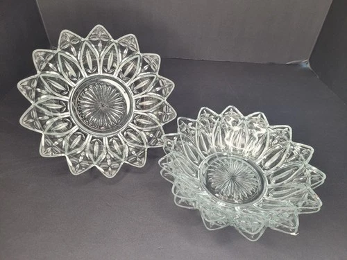 Set Of 3 Vintage Pressed Clear Federal Glass Flower Petal Decorative Bowls 8"