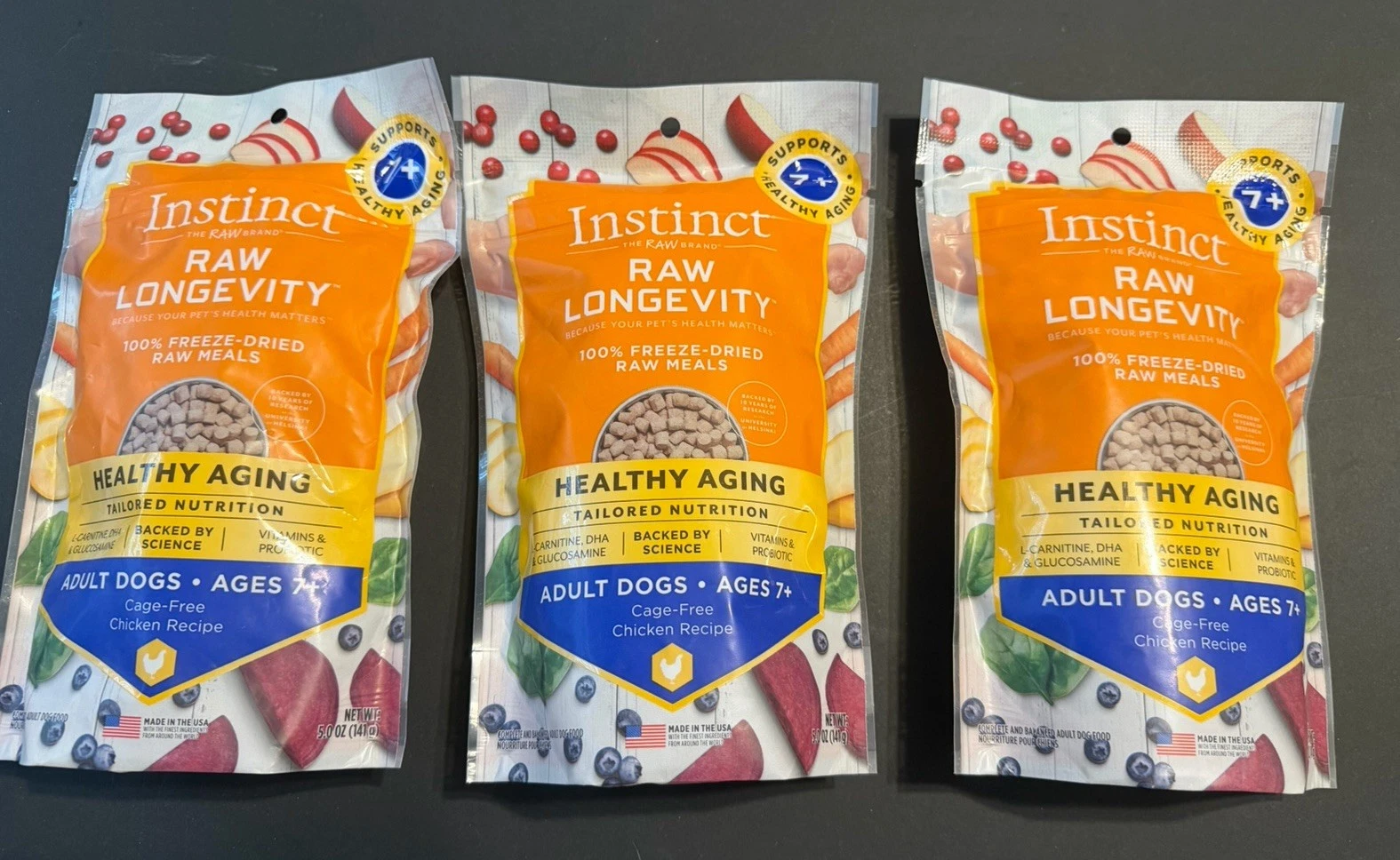 3 Bags Instinct Raw Longevity Cage Free Chicken Freeze Dried Meal For dogs 7+