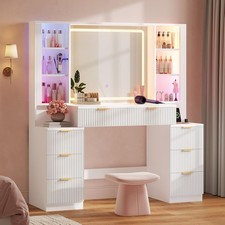 Big Vanity Desk Fluted Wood Makeup Mirror Sound Sync LED Lights Dressing Table